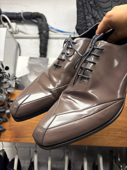 Prada Brown Patent Leather ‘Geometric’ Pointed Toe Derbys