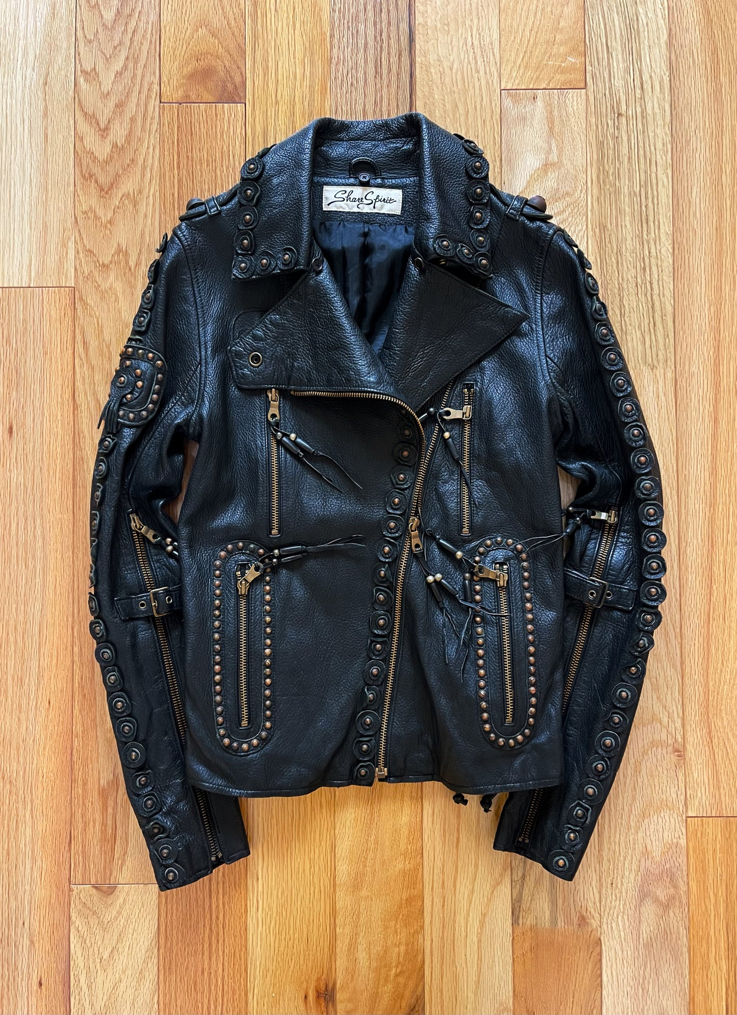 Share Spirit Studded Calfskin Leather Biker Jacket