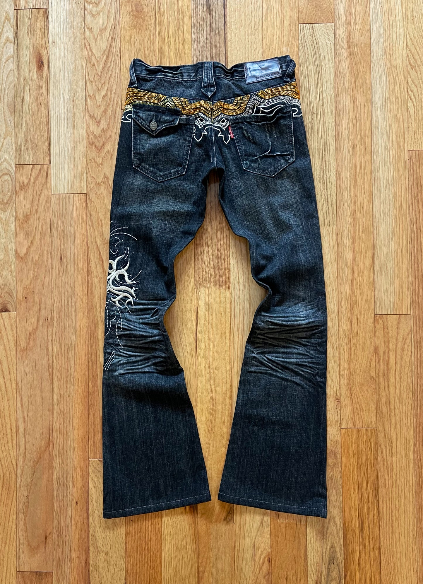 2000s Tornado Mart Black Flared Leg Embroidered Denim