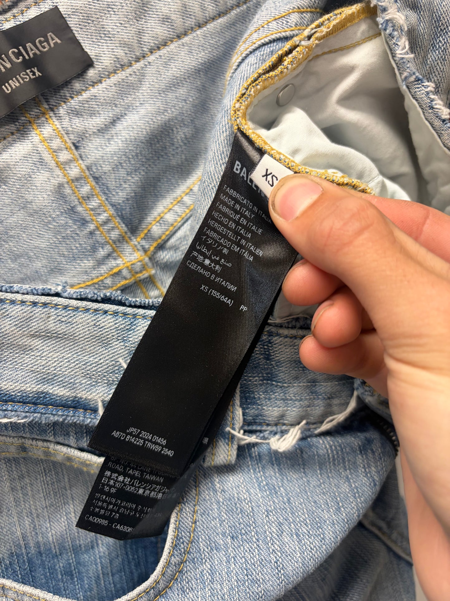 2024 Balenciaga Distressed Waistband Light Wash Blue Flared Leg Denim