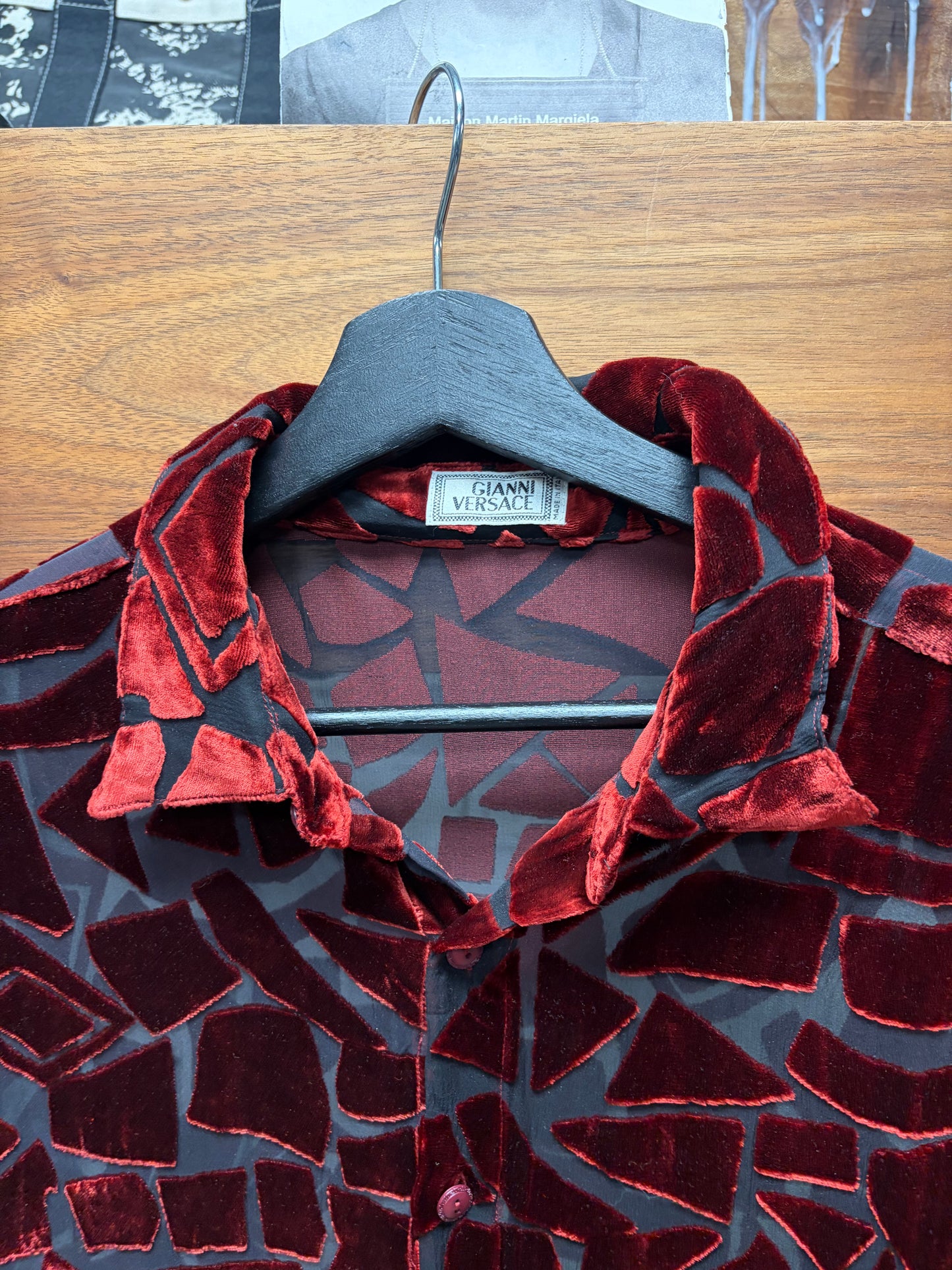 Vintage Gianni Versace Sheer Mesh/Red Velvet Geometric Panelled Button Up Shirt