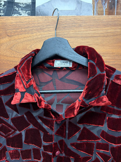 Vintage Gianni Versace Sheer Mesh/Red Velvet Geometric Panelled Button Up Shirt