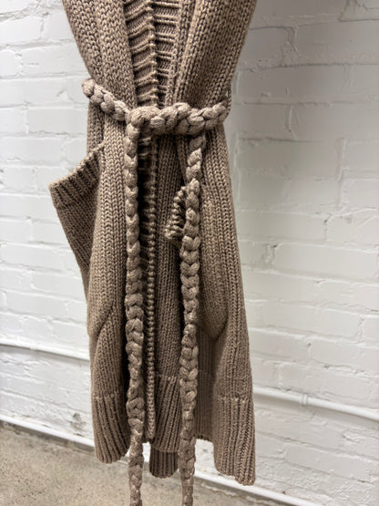 Number (N)ine ‘About a Boy’ Cable Knit Brown Sleeveless Robe with Rope Tie Waist Cinch