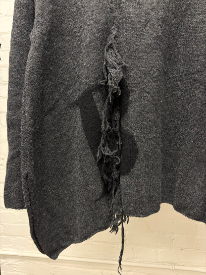 Yohji Yamamoto Grey Wool ‘B’ Knit Sweater with Frayed Distressing