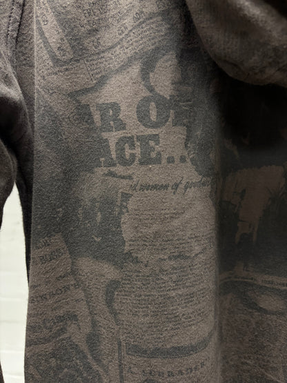 14th Addiction ‘Newspaper Print’ Zip Up Hoodie with Leather Tassels