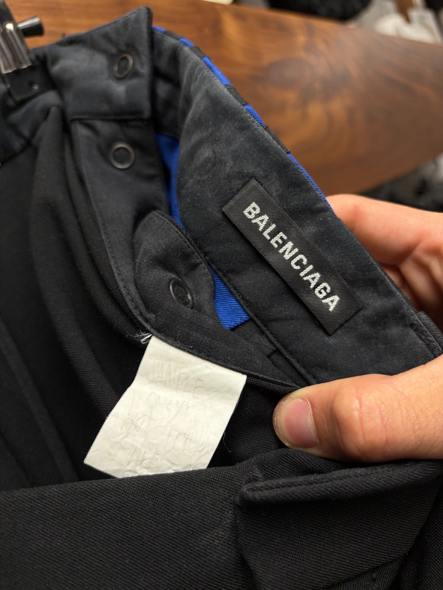 SAMPLE Balenciaga Black/Blue Striped Side Seam Straight Leg Trousers