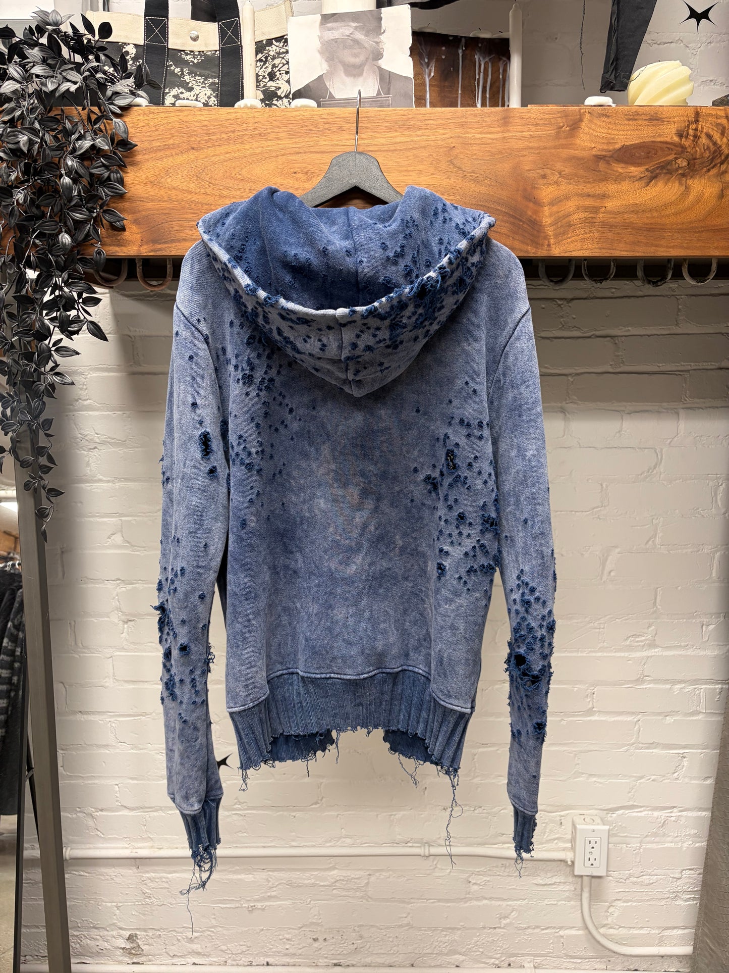 Amiri Shotgun Distressed Blue Cashmere Zip-Up Hoodie