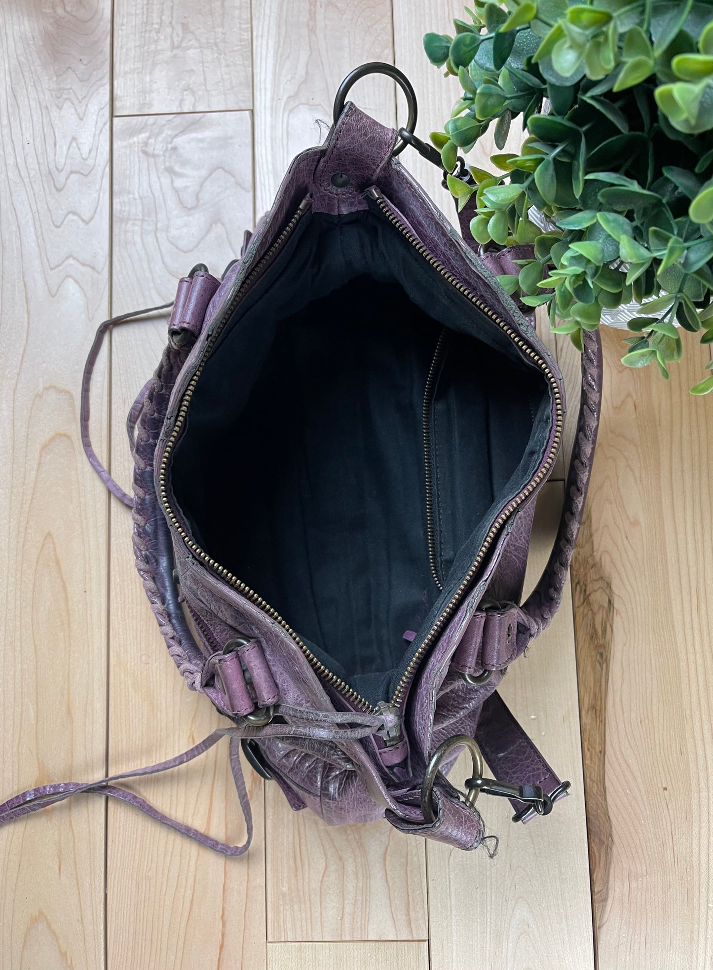 Balenciaga ‘Twiggy’ Purple Calfskin Leather Shoulder/Top Handle City Bag