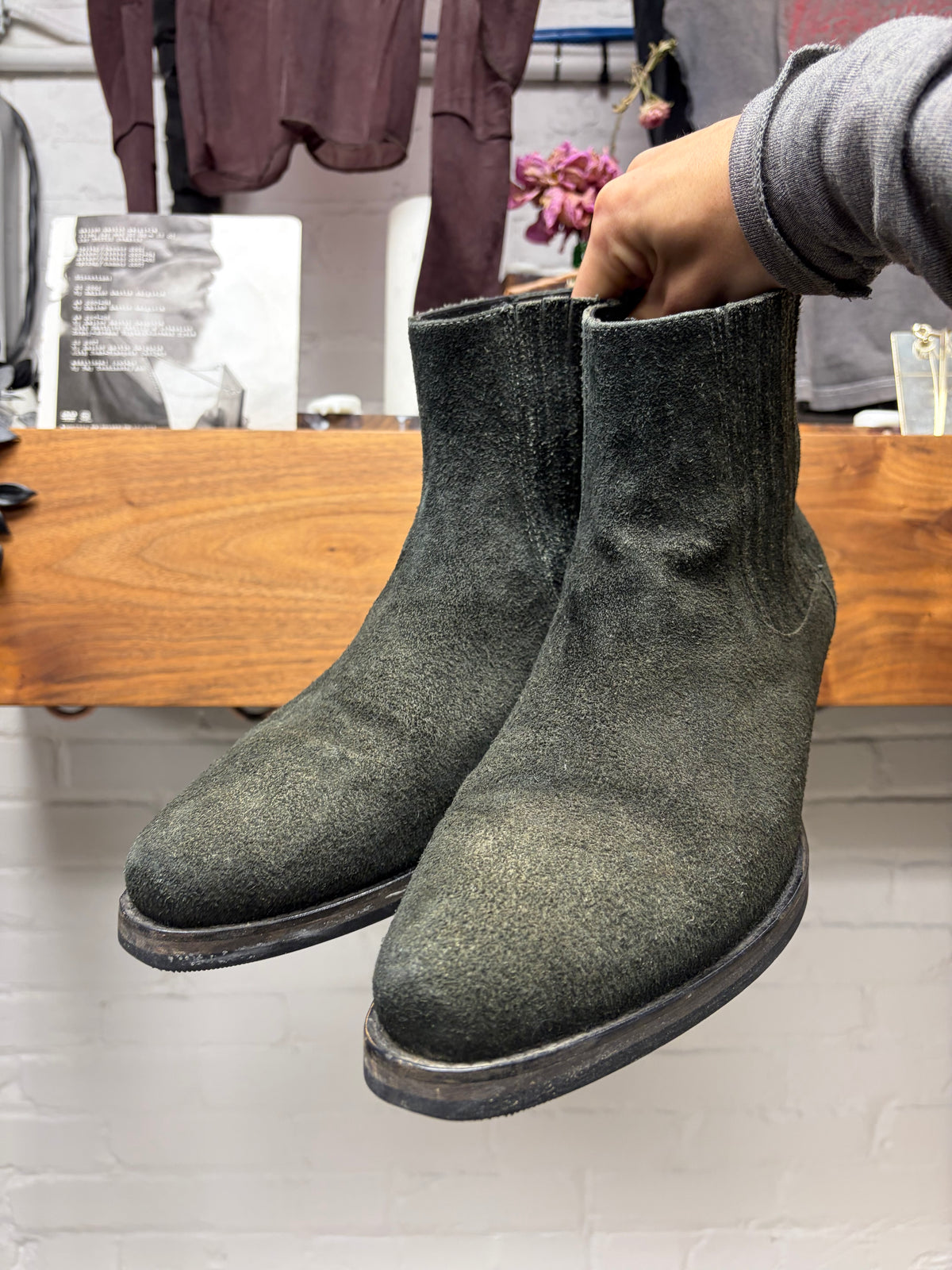 Our Legacy Charcoal Grey Suede ‘Cuban’ Pointed Toe Chelsea Boots