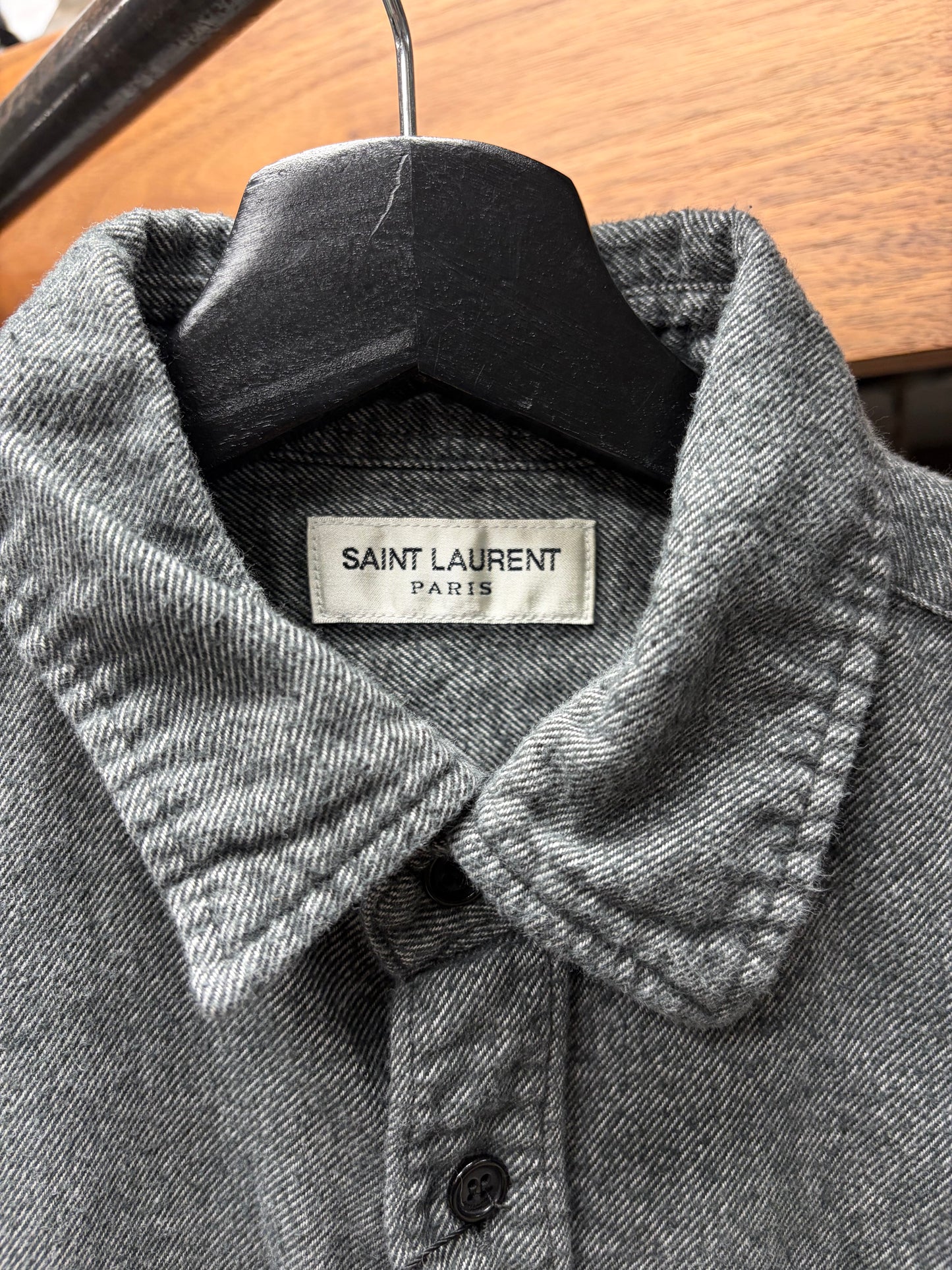 2017 Saint Laurent Grey Wool Button Snap Shirt