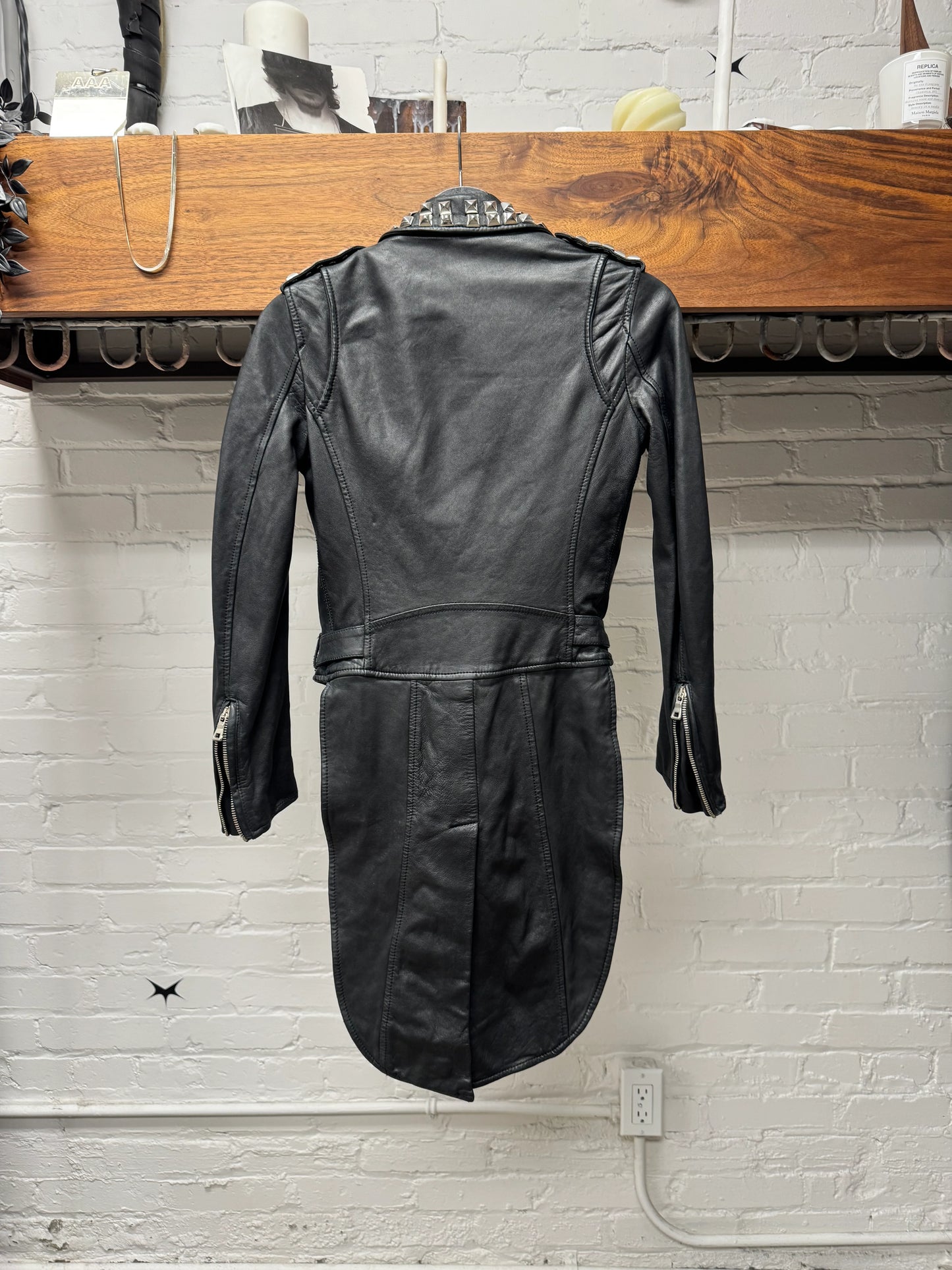 SS2011 Balmain Studded/Pin Patched Cape Back Leather Biker Jacket