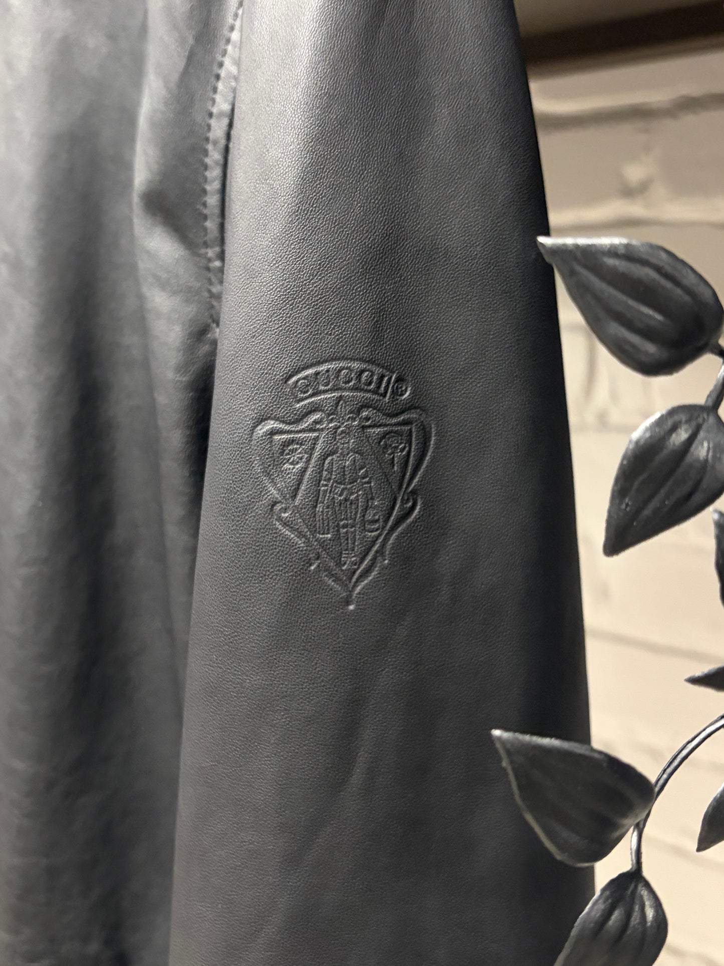 2000s Gucci ‘Crest Badge’ Black Leather Moto-Jacket with Ribbed Cuff Detailing