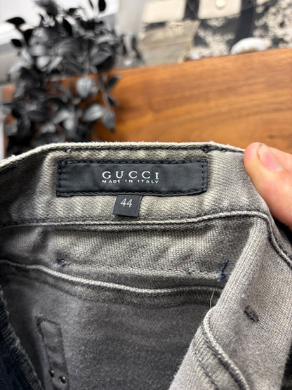 2010s Gucci Faded Grey Skinny Jeans with Leather Back Tab