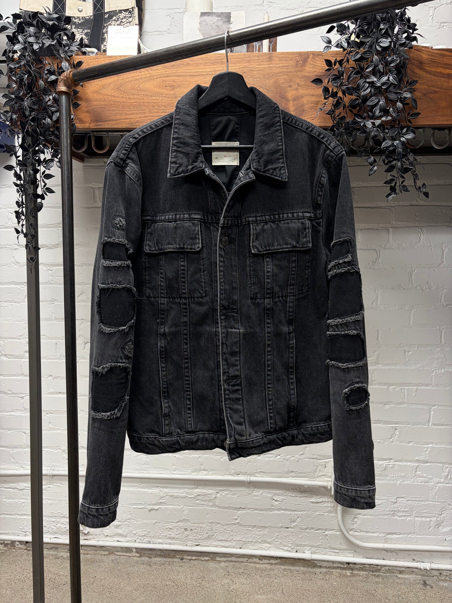 Helmut Lang Patch Repaired Black Distressed Denim Trucker Jacket