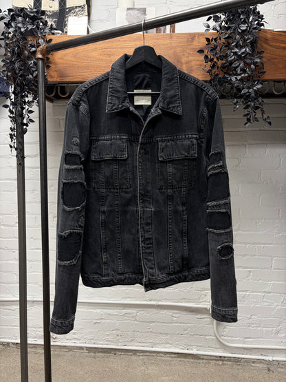 Helmut Lang Patch Repaired Black Distressed Denim Trucker Jacket