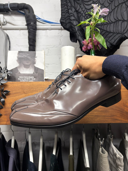 Prada Brown Patent Leather ‘Geometric’ Pointed Toe Derbys