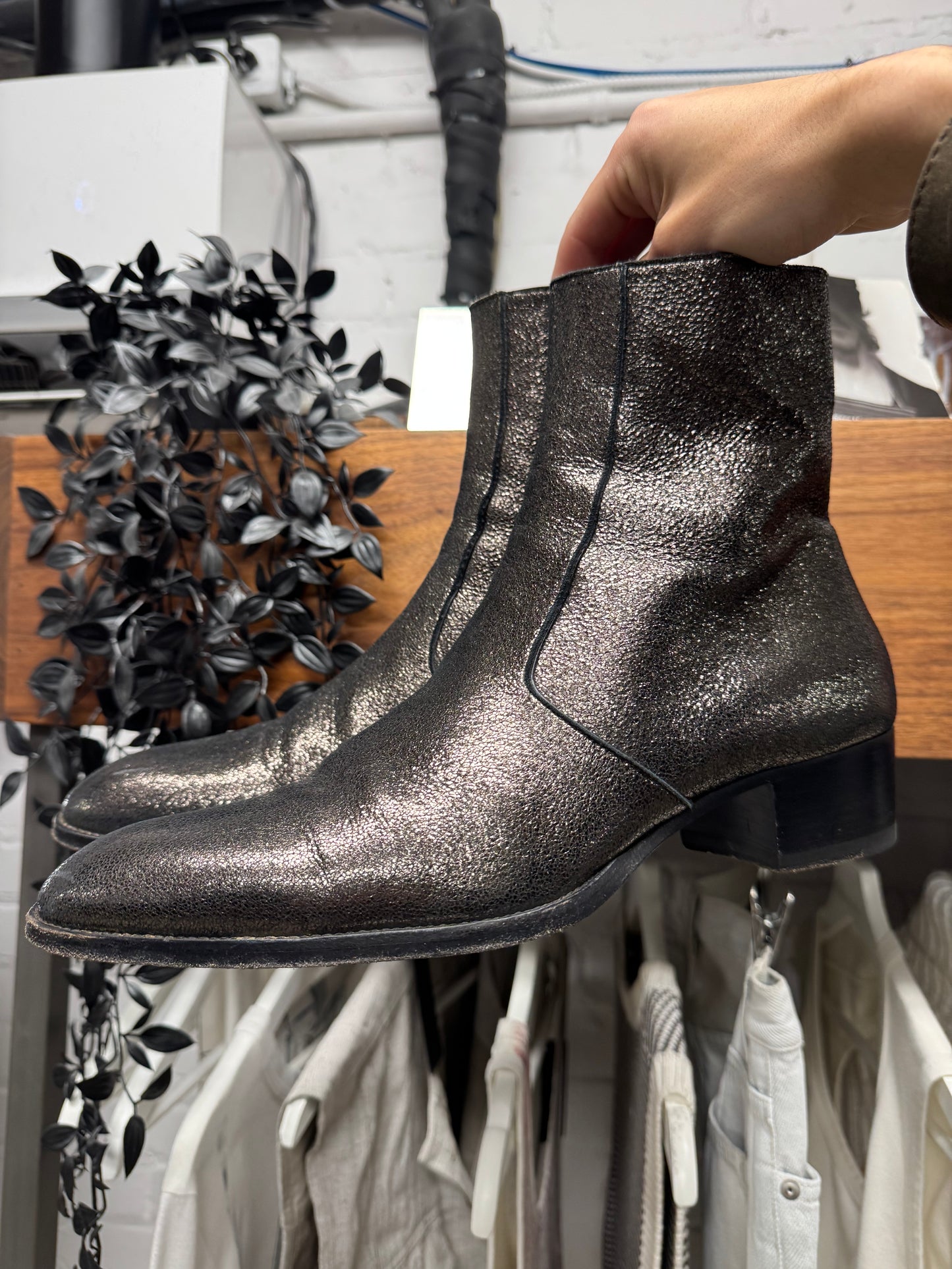 AW2016 Saint Laurent by Hedi Slimane ‘Crinkled Metallic’ Silver Wyatt Boots