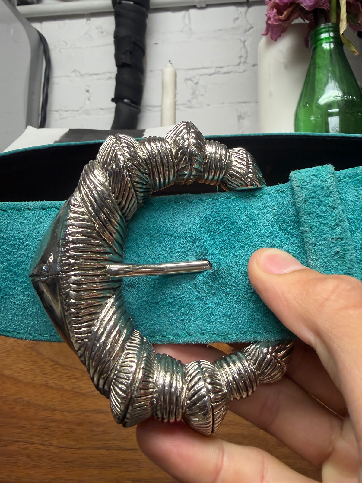 2000s Yves Saint Laurent Rive Gauche ‘Conch Buckle’ Turquoise Blue Leather Belt