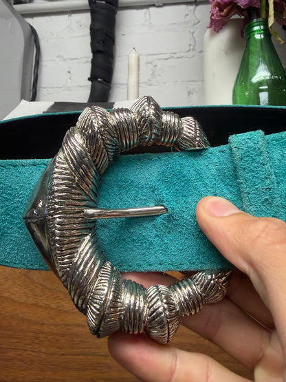 2000s Yves Saint Laurent Rive Gauche ‘Conch Buckle’ Turquoise Blue Leather Belt