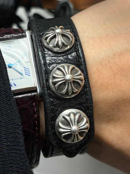 Chrome Hearts ‘Cross Ball’ Button Snap 925 Silver Leather Cuff Bracelet