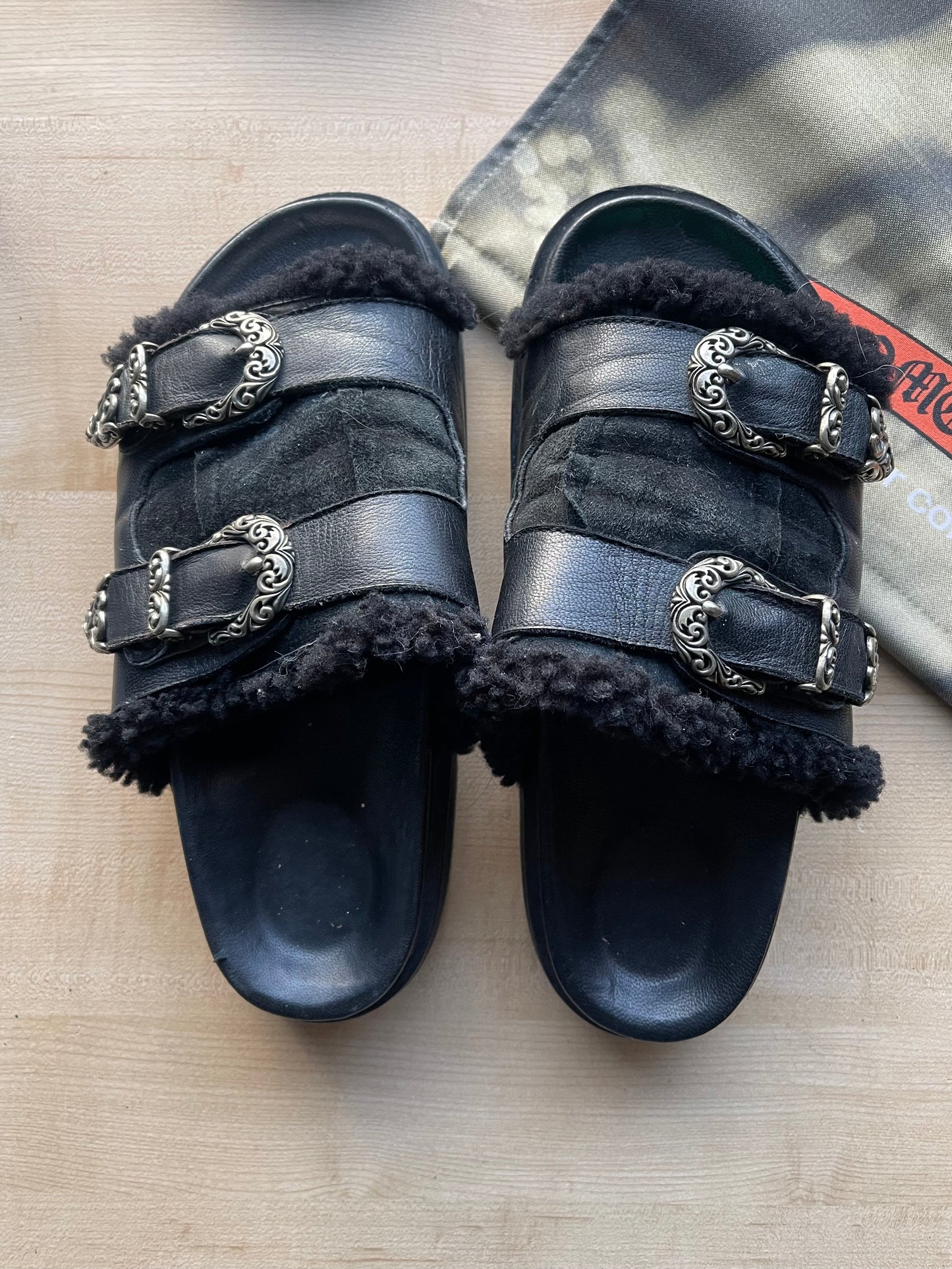 14th Addiction Sheepskin Lined Western Buckle Platform Slides