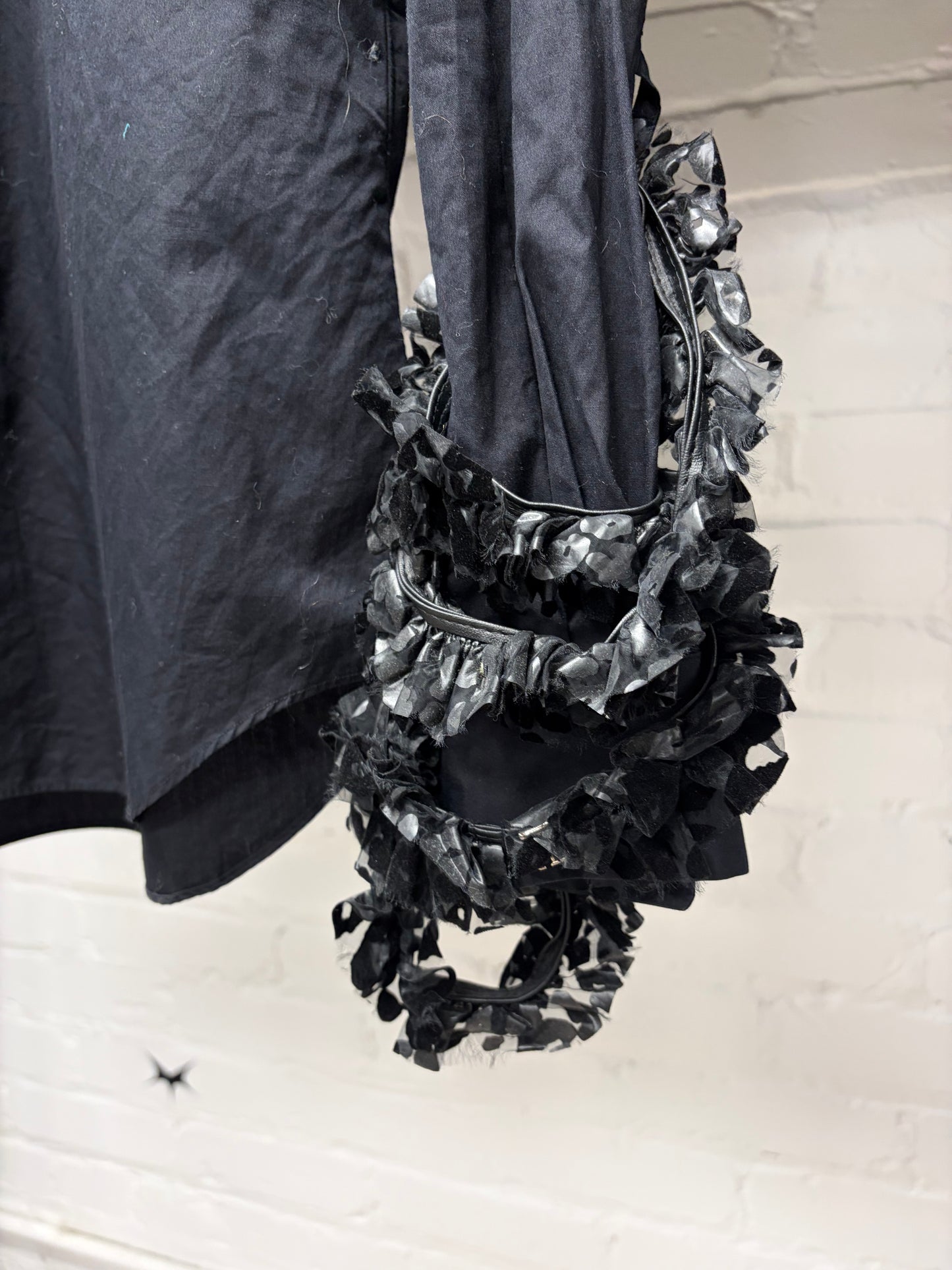 SS2017 Noir Kei Comme Des Garçons Black Collared Shirt with Leather Ruffled Sleeve Detailing