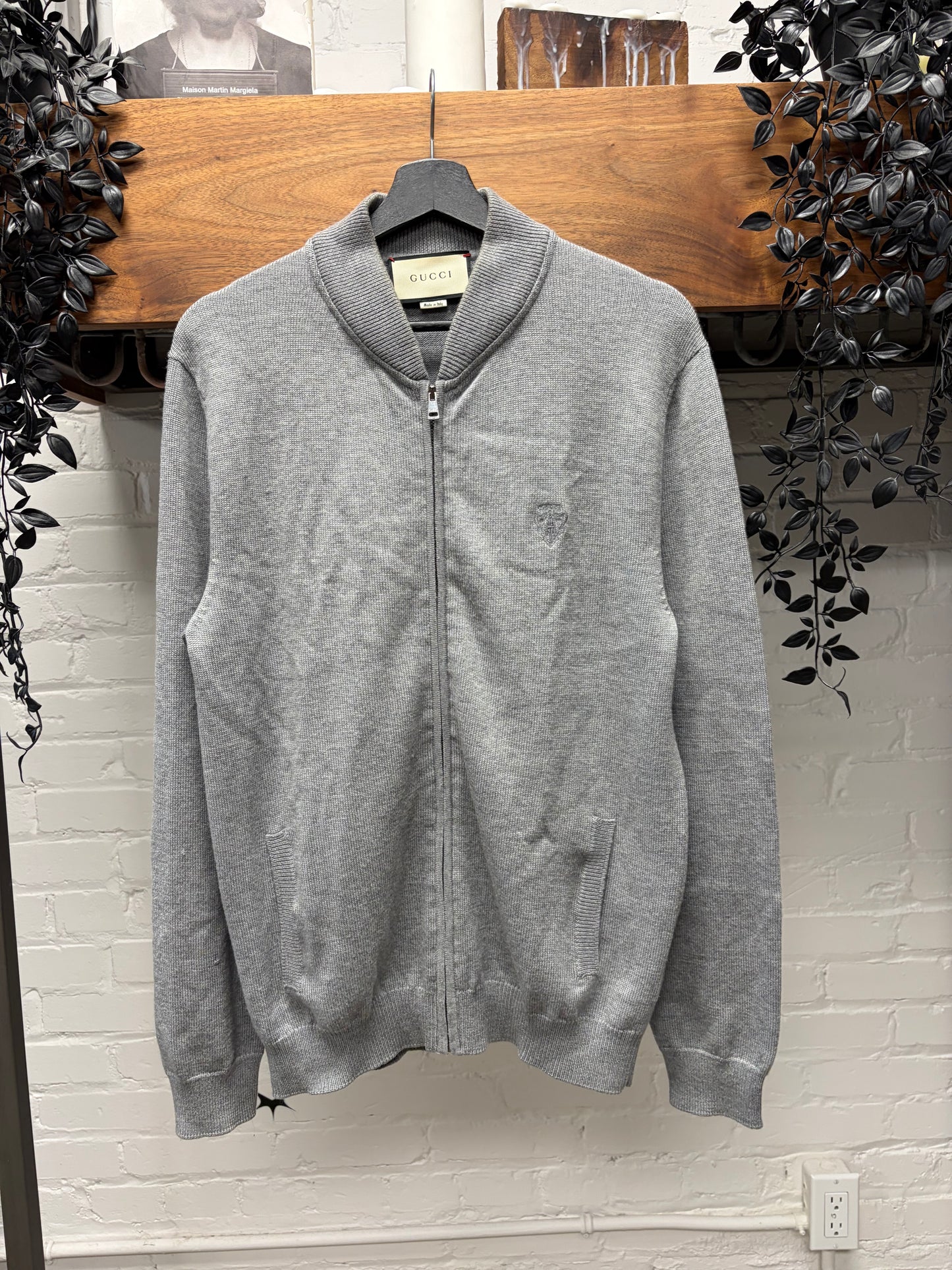Gucci Embroidered ‘Crest Logo’ Knit Zip-Up Grey Wool Bomber Jacket