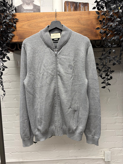 Gucci Embroidered ‘Crest Logo’ Knit Zip-Up Grey Wool Bomber Jacket