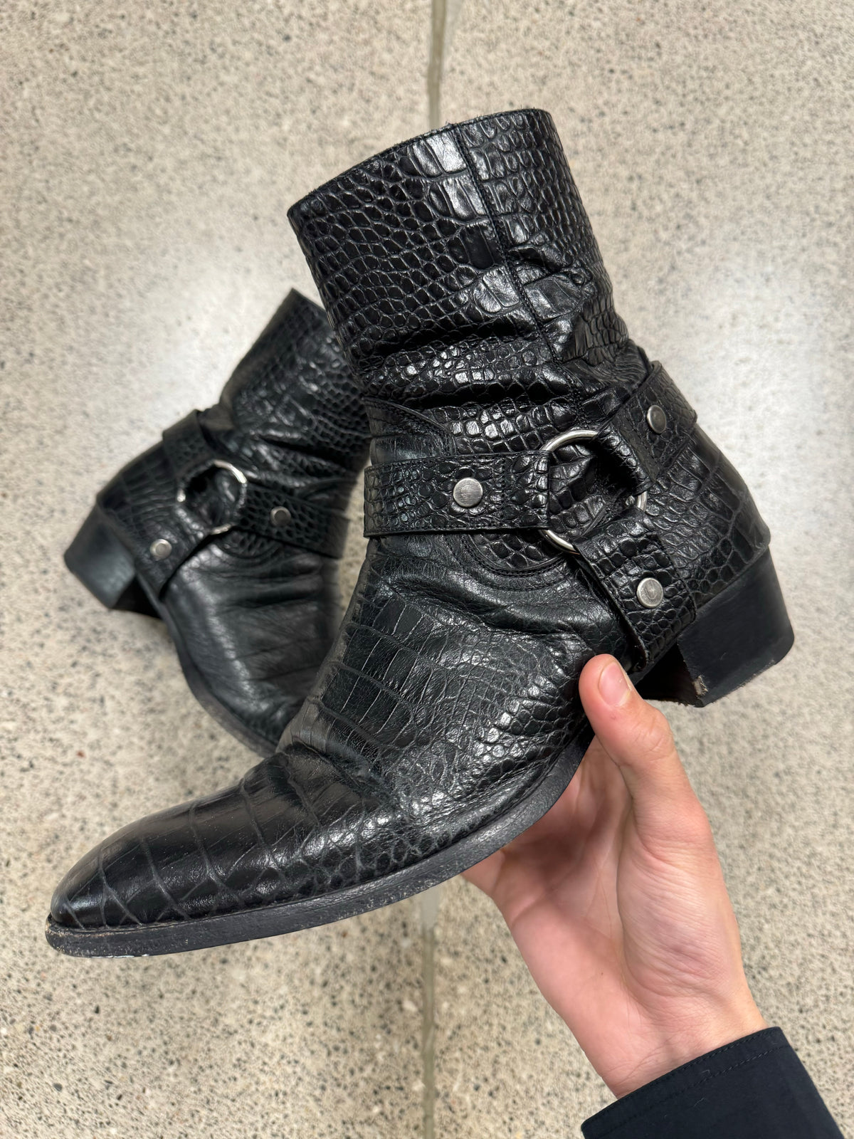 Saint Laurent Croc Print Black Leather Wyatt Harness Boots – Alex 