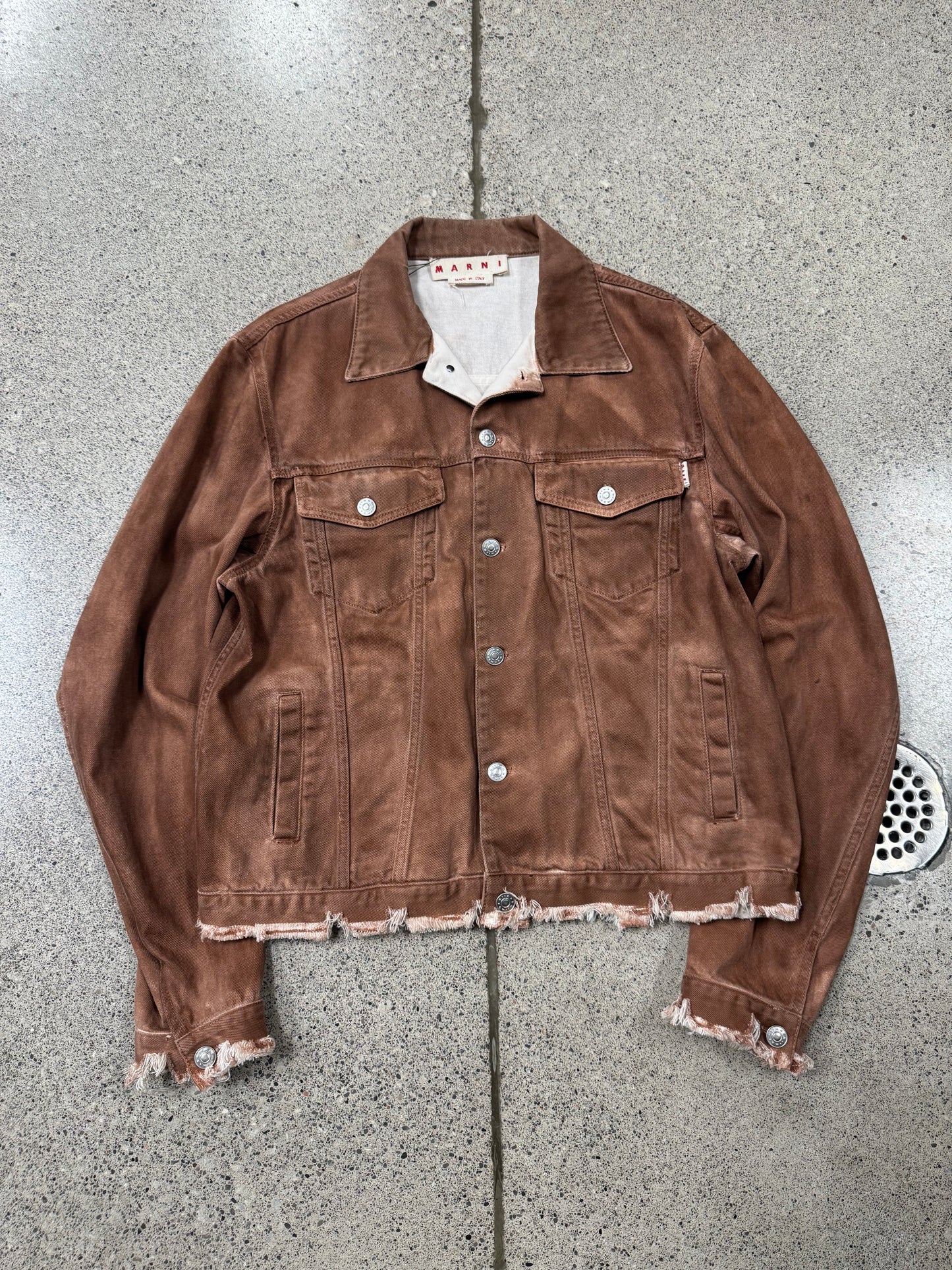 SS2022 Marni Fringe Distressed Brown Denim Trucker Jacket