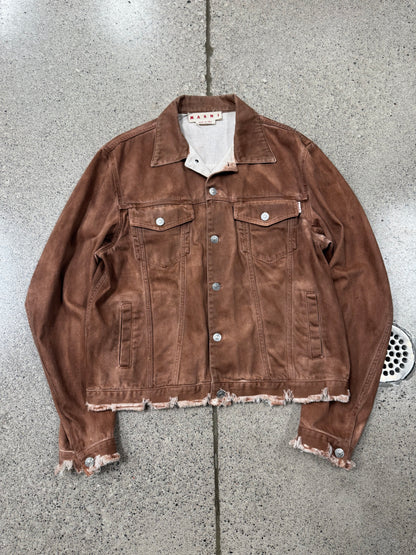 SS2022 Marni Fringe Distressed Brown Denim Trucker Jacket