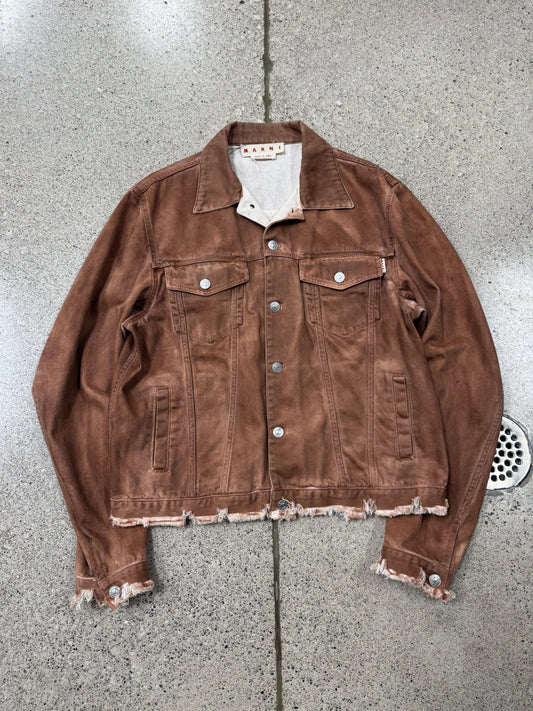 SS2022 Marni Fringe Distressed Brown Denim Trucker Jacket