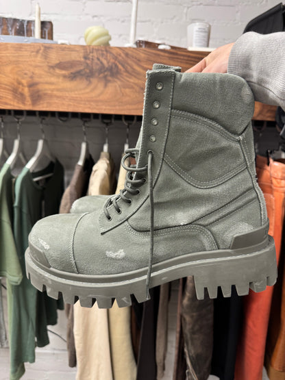 Balenciaga Distressed Canvas Military Green ‘Strike’ Combst Boots