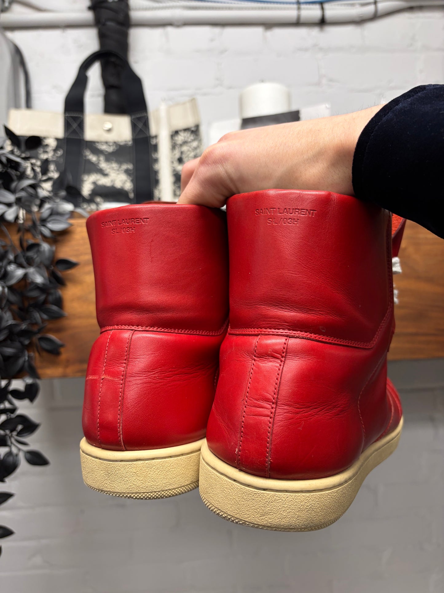 Saint Laurent SL/03 Red/White Leather Court High Top Sneakers