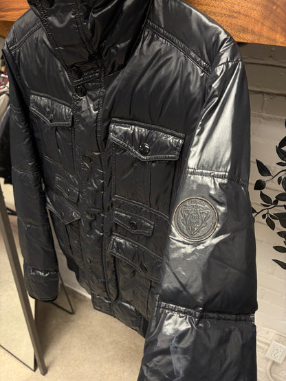 2000s Gucci by Frida Giannini Waxed Black Down Filled Jacket with Leather Crest Patch