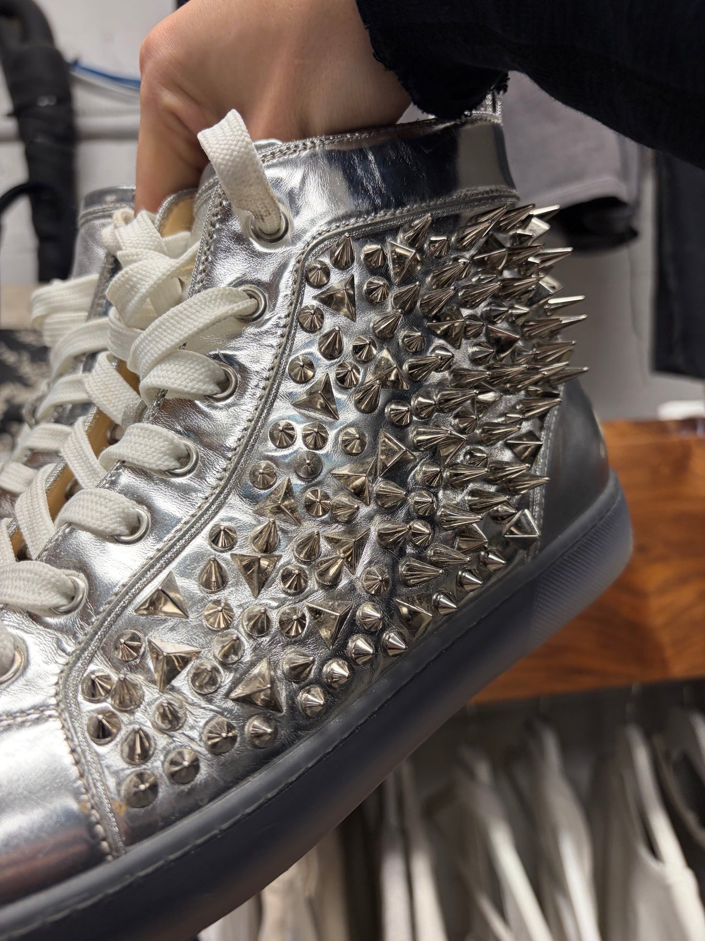 Christian Louboutin ‘Louis Spikes’ Metallic Silver Red Bottom Sneakers