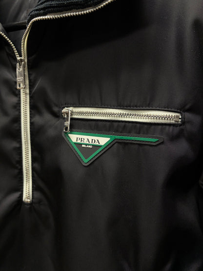 2019 Prada Black Gabardine Nylon Half-Zip Windbreaker Jacket With Ribbed Collar
