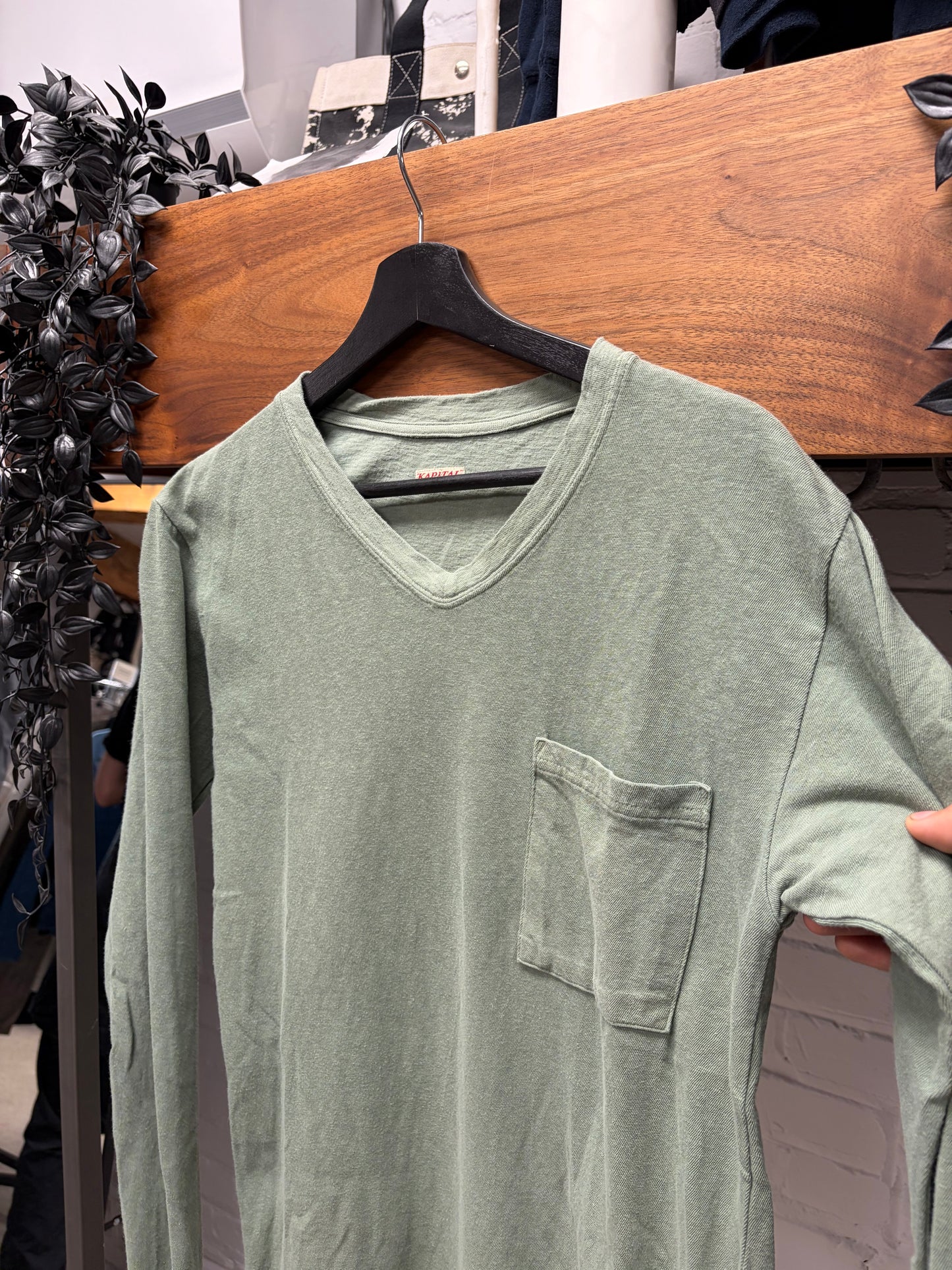 Kapital Military Green V-Neck Cotton Long Sleeve Shirt