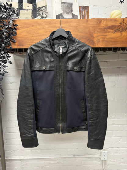 Dirk Bikkembergs Leather Moto Jacket with Navy Blue Panelling