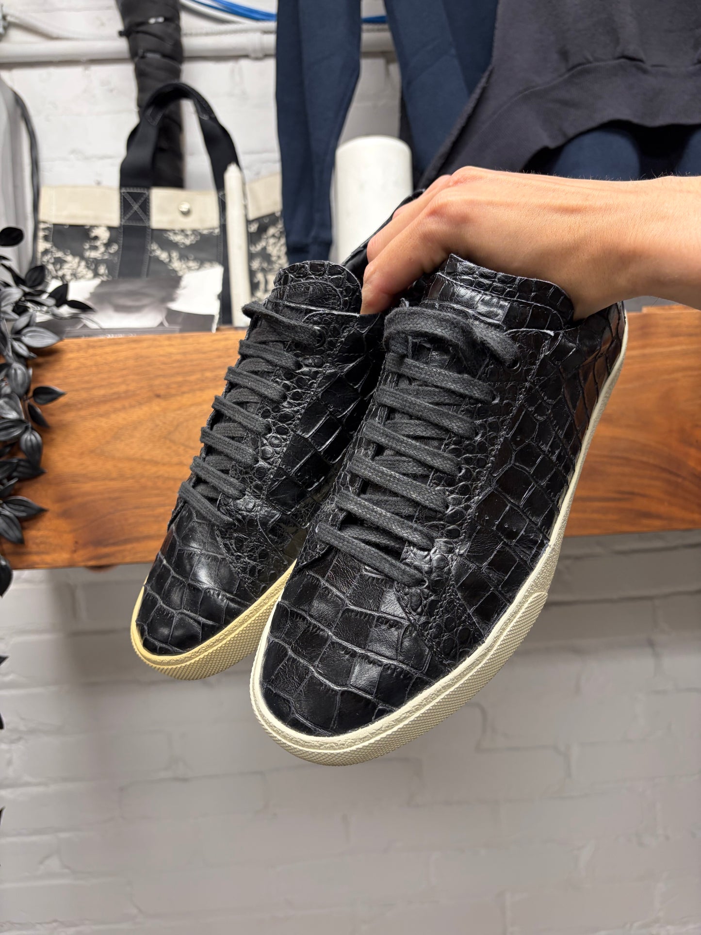 Saint Laurent Black ‘Crocodile’ Embossed Leather Low Top Sneakers