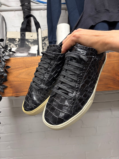 Saint Laurent Black ‘Crocodile’ Embossed Leather Low Top Sneakers