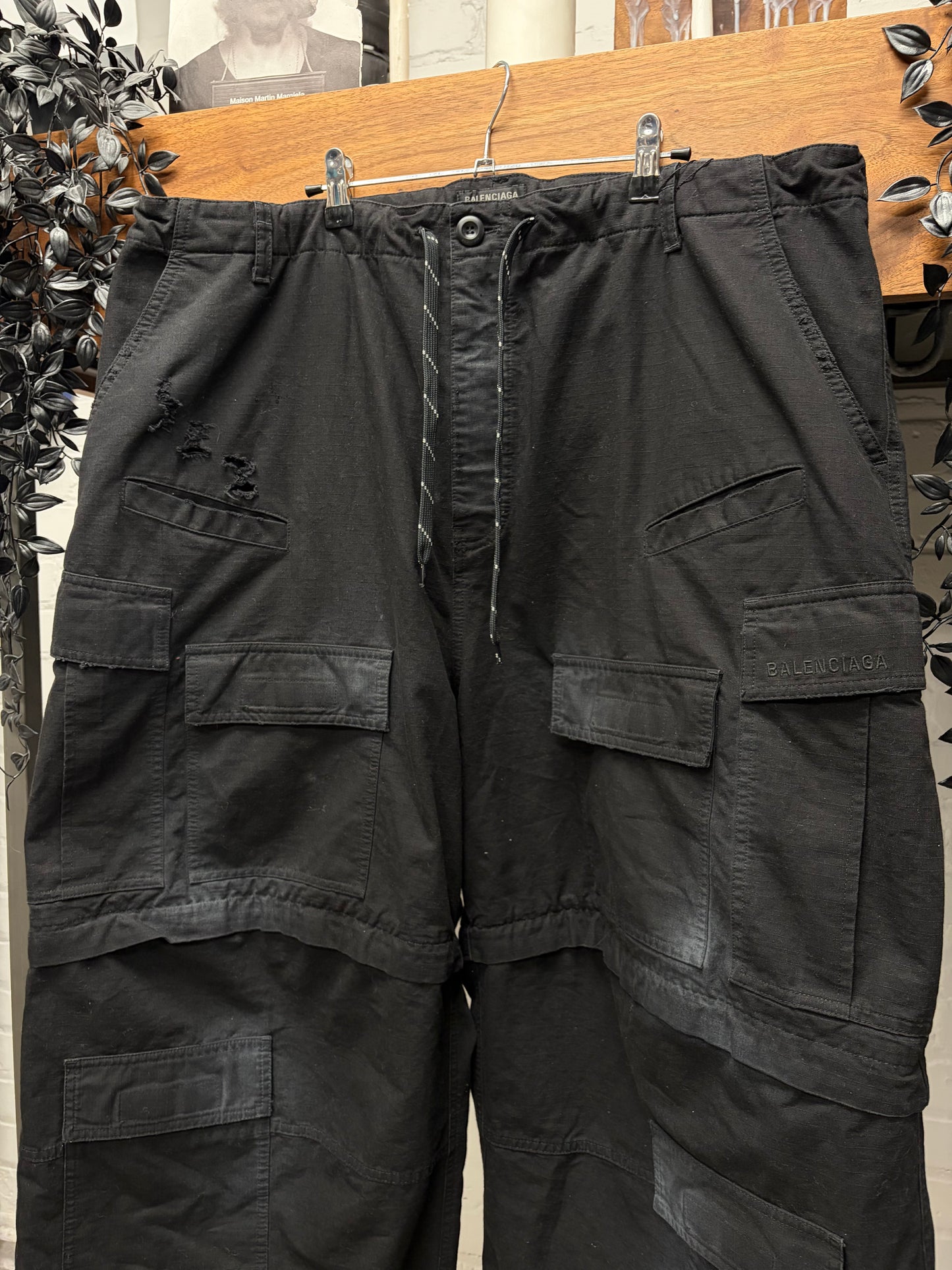 2024 Balenciaga ‘Convertible’ Faded Black Ripstop Drawstring Wide Leg Cargo Pants