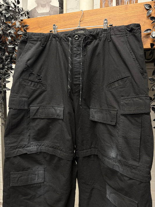 2024 Balenciaga ‘Convertible’ Faded Black Ripstop Drawstring Wide Leg Cargo Pants