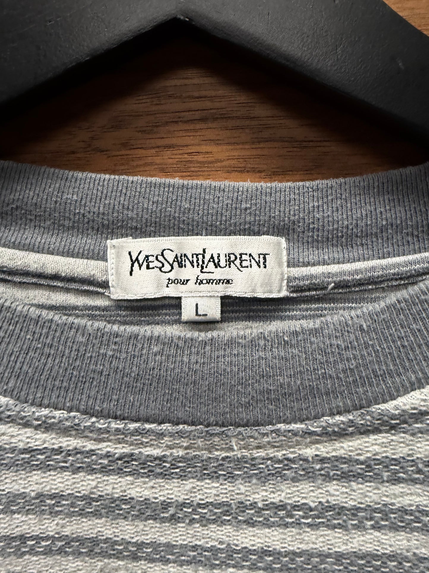 Vintage Yves Saint Laurent ‘YSL Logo’ Embroidered Blue/Grey Striped Logo T-Shirt