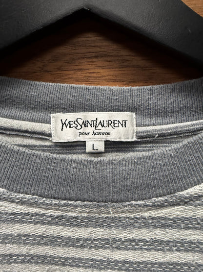 Vintage Yves Saint Laurent ‘YSL Logo’ Embroidered Blue/Grey Striped Logo T-Shirt