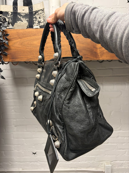 Balenciaga ‘Giant 21’ Tumbled Black Leather ‘City Bag’ with Silver Hardware