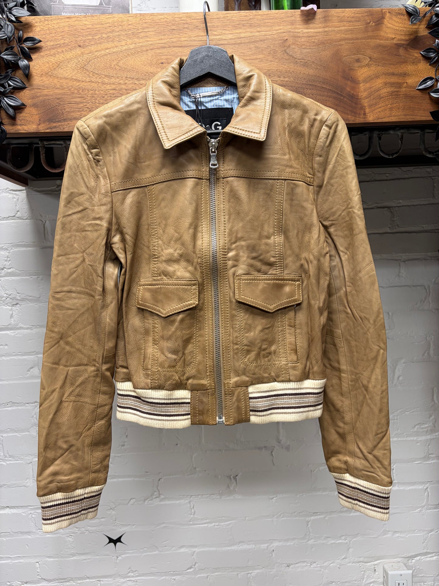 Dolce and Gabbana Cropped Brown Lambskin Leather Jacket with Silk Pinstripe Liner