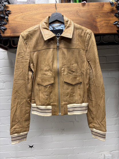 Dolce and Gabbana Cropped Brown Lambskin Leather Jacket with Silk Pinstripe Liner