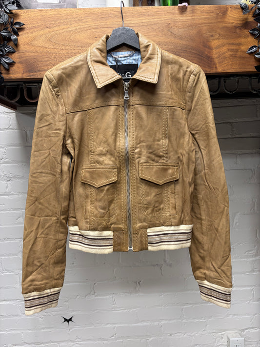 Dolce and Gabbana Cropped Brown Lambskin Leather Jacket with Silk Pinstripe Liner