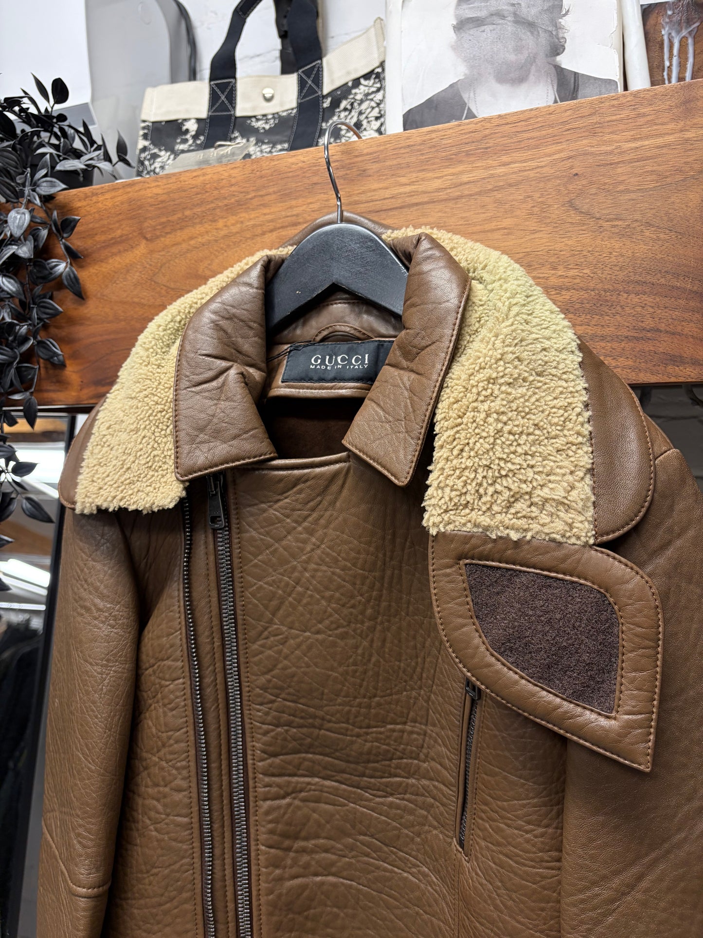 Gucci by Frida Giannini Brown Lambskin ‘Double Collared’ Shearling Trim Biker Jacket